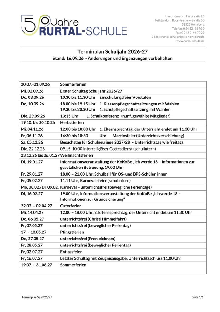 Terminübersicht - Schuljahr 2026-27