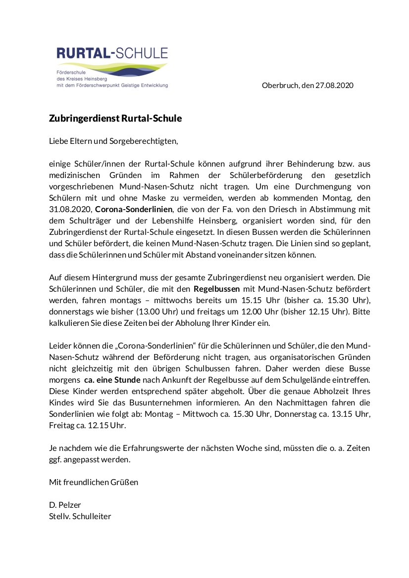 Elternmitteilung Zubringerdienst