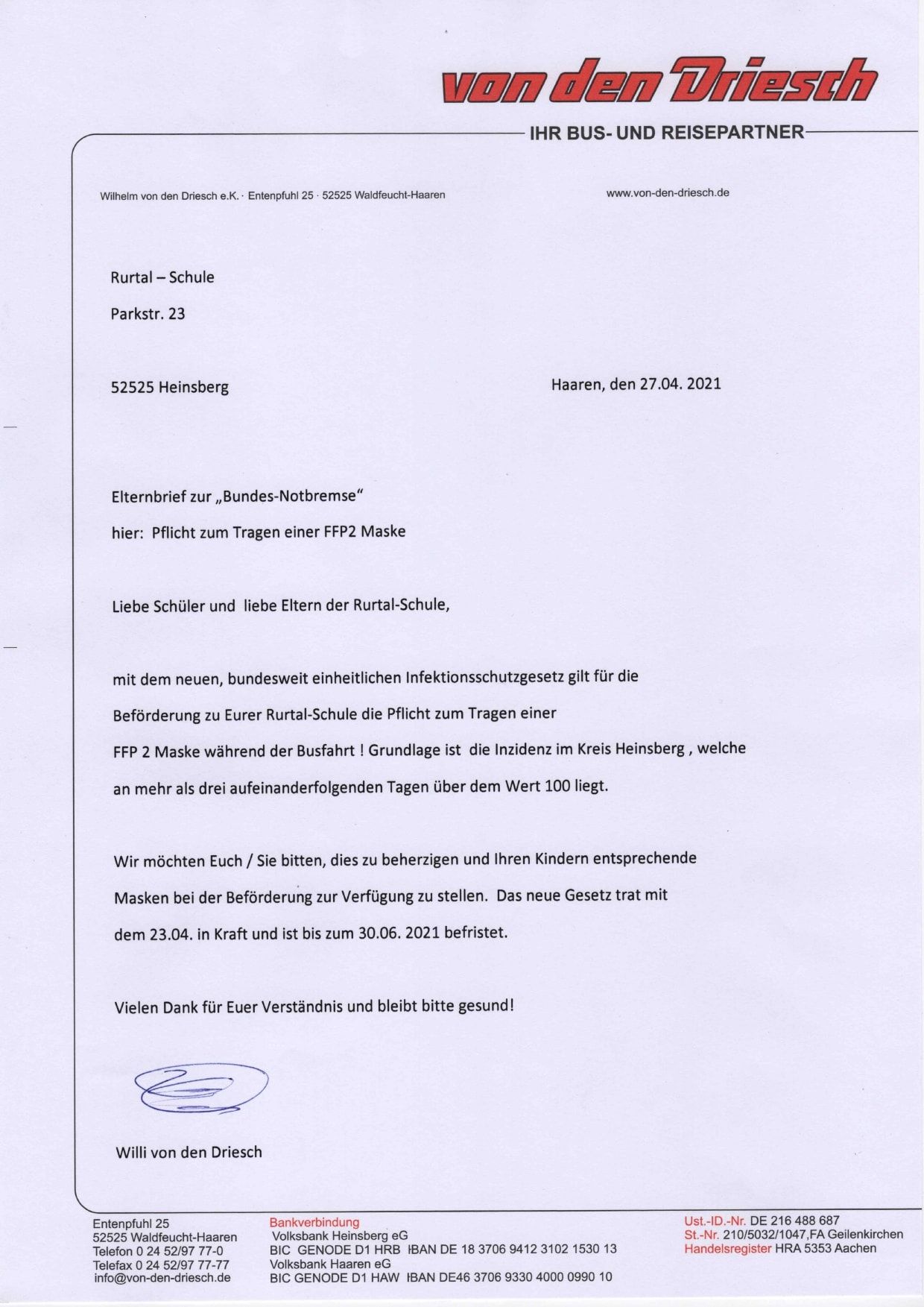schreiben zubringerdienst ffp2