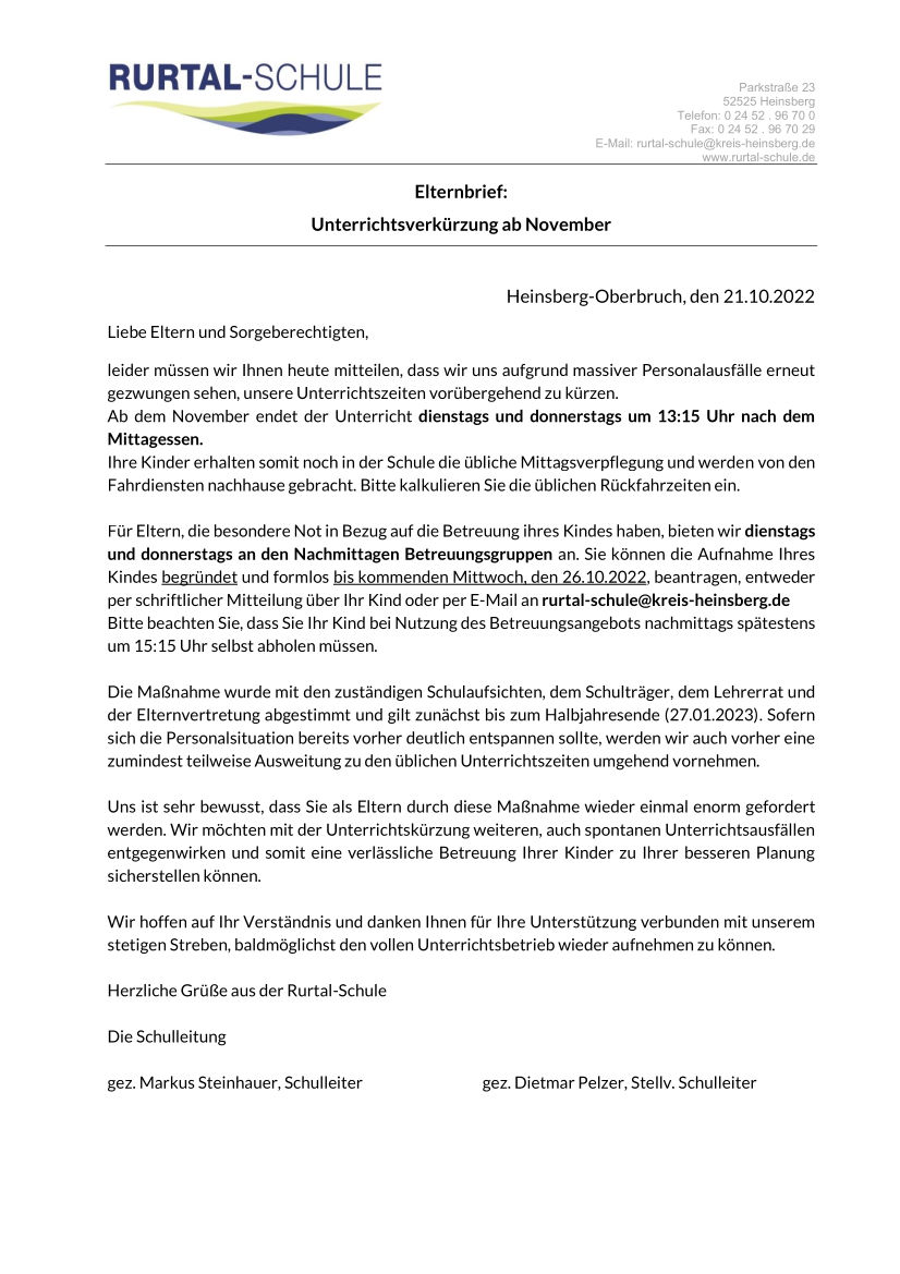Elternbrief 221021 Unterrichtsverkürzung
