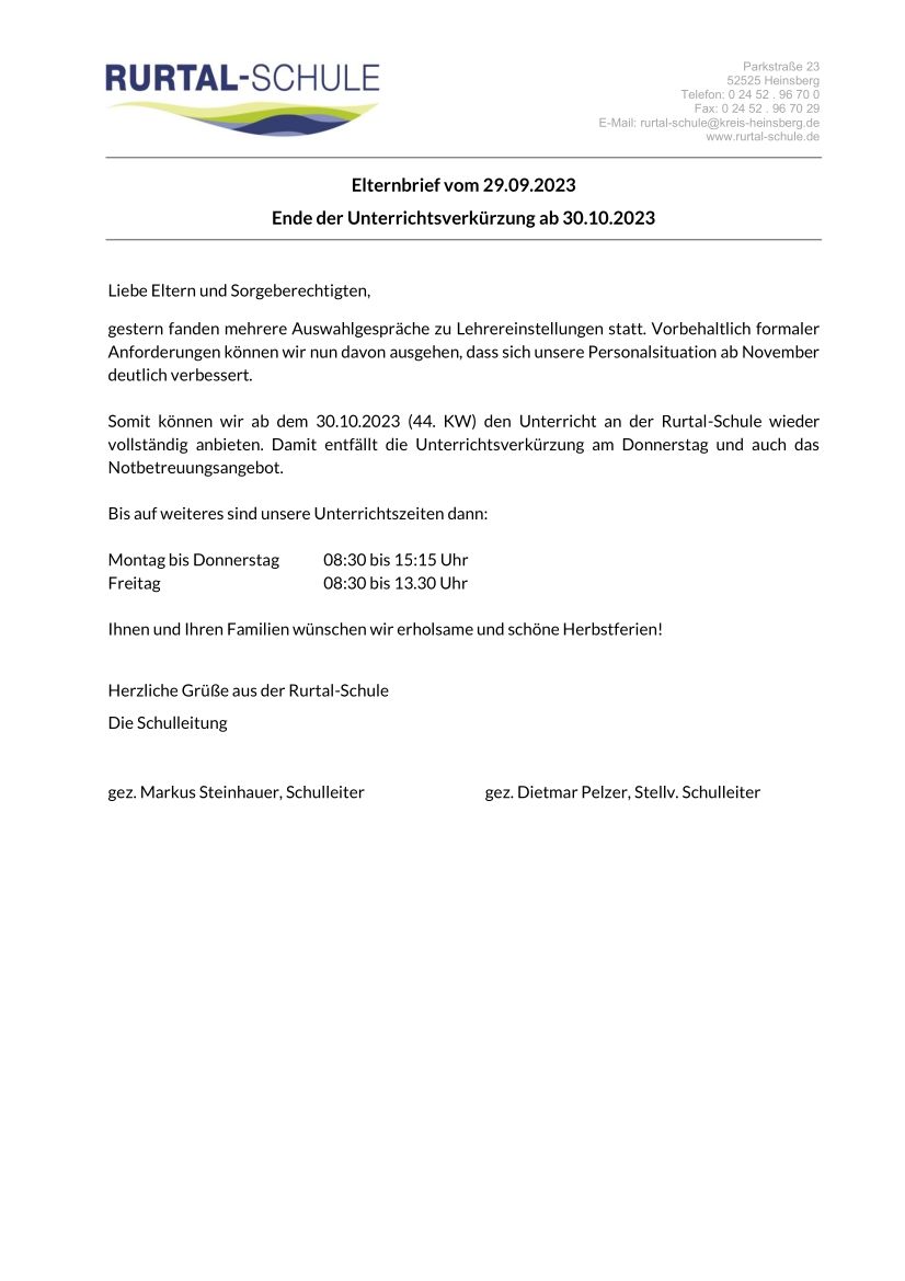 Elternbrief 230929 Ende Unterrichtsverkürzung