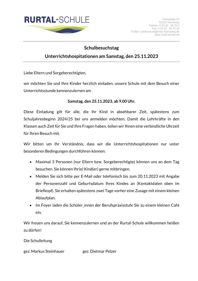 231106 - Einladung Schulbesuchstag Rurtal-Schule